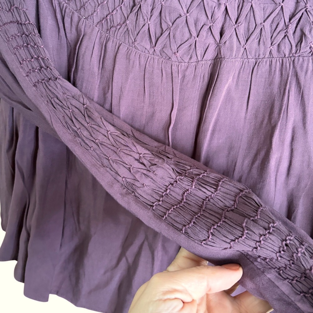 Free People Smocked In Time Boho Purple Pullover Top Long Sleeve XS - Picture 6 of 12